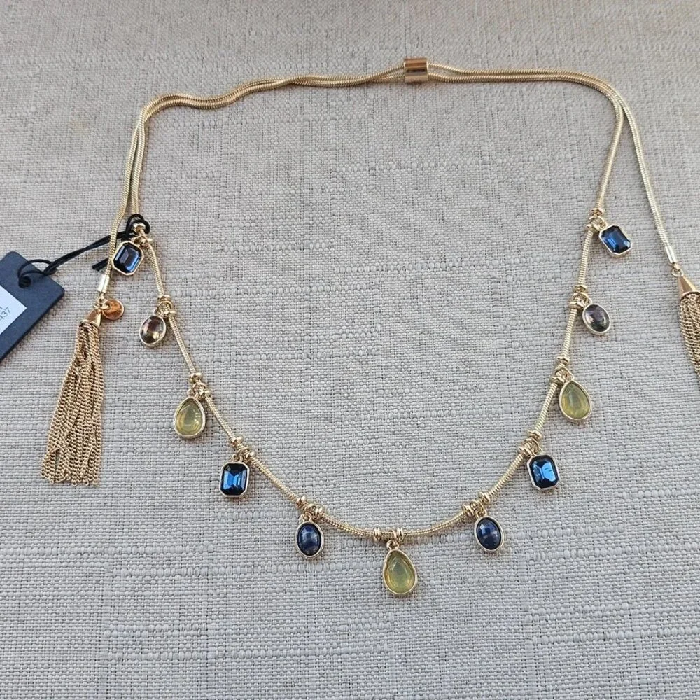 Nordstrom Women Necklace Gold Tone Blue and Yellow Tone Faux Stone Fashion New